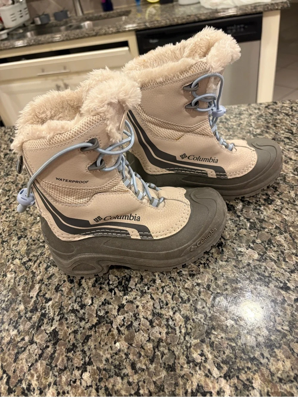 COLUMBIA YOUTH BUGABOOT PLUS V OMNI-HEAT CREAM BLUE SNOW BOOTS